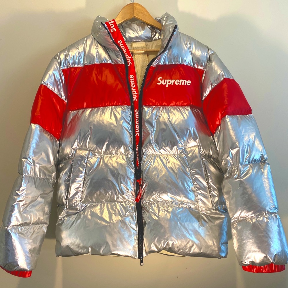 Supreme Puffer Jacket: Red and Silver
